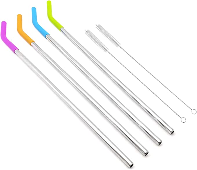 Big Drinking Straws Reusable 14.5" Extra Long 8mm Extra Wide Food-Grade 18/8 Stainless Steel Silicone Elbows Tips for Smoothie Milkshake Cocktail Juice Hot Drinks - Set of 4   2 Cleaning Brushes