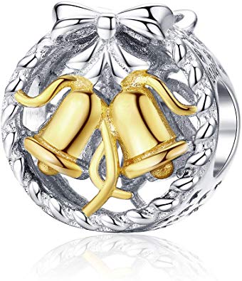 NINGAN Gold Christmas Jingle Bells Charm 925 Sterling Silver Charms Fit Pandora & Other European Bracelets and Necklaces
