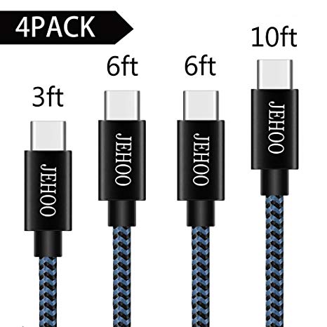 JEHOO USB Type C Cable, 4Pack 3FT 6FT 6FT 10FT Nylon Braided USB A to USB C Charger Cable Fast Charging Cord Cable for Samsung Galaxy S8 Plus, LG G5 G6 V30, HTC 10, Google Pixel XL,Black&Blue