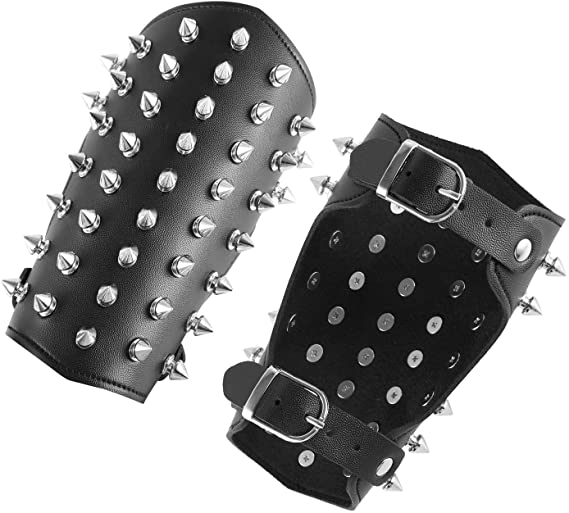 HZMAN Unisex Black Metal Spike Studded Punk Rock Biker Wide Strap Leather Arm Guards Wrist Gauntlet Cuffs Bracers Armor