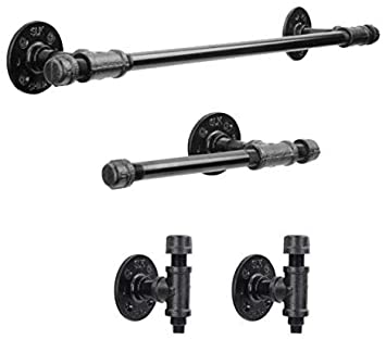 Rustic Pipe Decor 4 Piece Bathware Fixture Set, Wall Mount Kit Includes 18 Inch Towel Bar Rack, Two Robe Hooks and Toilet Paper Holder, Industrial Vintage Farmhouse DIY Bathroom Hardware, Black Pipes