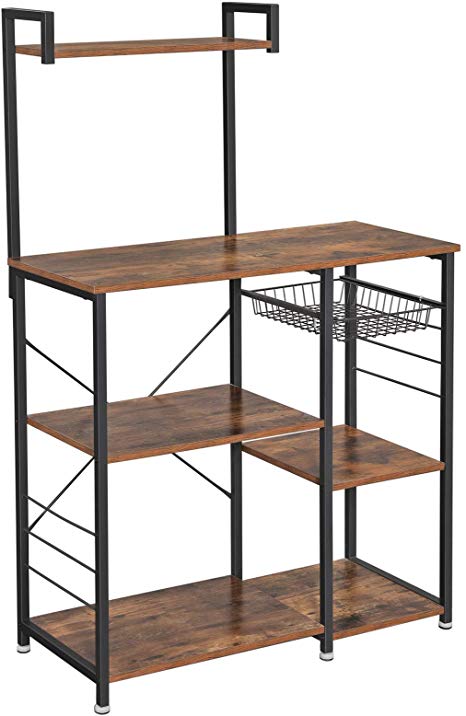 VASAGLE ALINRU Baker’s Rack with Shelves, Kitchen Shelf with Wire Basket, 6 S-Hooks, Microwave Oven Stand, Utility Storage for Spices, Pots, and Pans, Rustic Brown UKKS35X