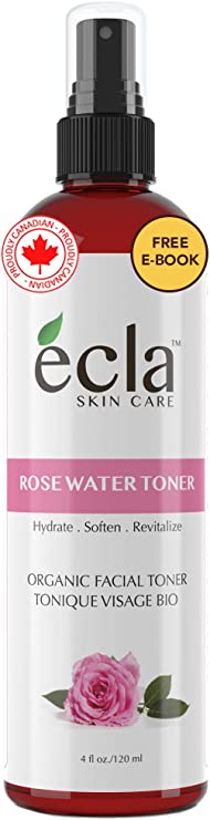 Rose Water Spray Mist Toner (4 Oz 120 ml) for Face Eyes Skin and Hair - 100% Pure Organic Moroccan Rosewater Facial Toner Hydrosol Natural Astringent, Chemical-Free for All Skin Types