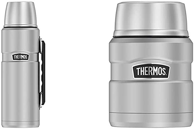 Thermos Stainless King 40 Ounce Beverage Bottle, Stainless Steel & Stainless King 16 Ounce Food Jar with Folding Spoon, Stainless Steel