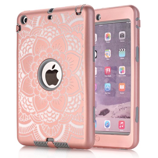 iPad Mini Case,3in1 Shockproof Hybrid Case Hard Cover Pc Silicone Full Body Protective High Impact Defender Cover For iPad Mini/ iPad Mini 2/ iPad Mini 3(Rose Golden / Grey)