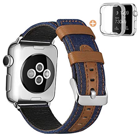 SKYLET Band Compatible with Apple Watch 38mm 42mm 44mm 40mm, Canvas Fabric Genuine Leather Straps with Metal Clasp Compatible with Apple Watch Series 4 Series 2 Series 1 Series 3 Men Women(No Tracker)