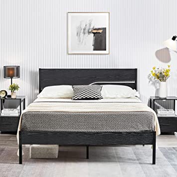 VECELO Queen Size Platform Bed Frame with Wood Headboard, Strong Metal Slats Support Mattress Foundation, No Box Spring Needed