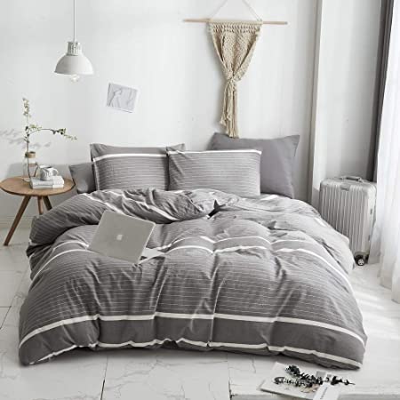 HYPREST Washed Cotton 3 Piece Duvet Cover Queen - Gray Stripped Duvet Cover- Ultra Soft Breathable Durable and Easy Care,Modern Style Bedding Set