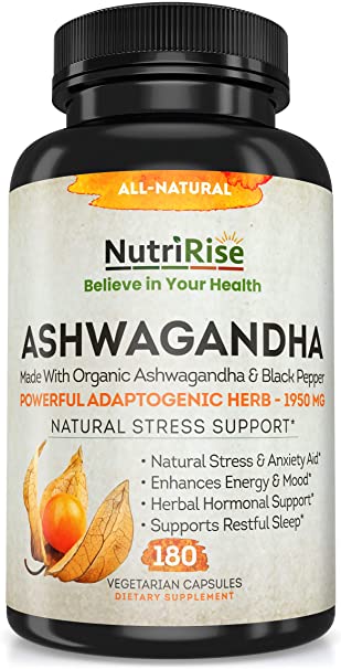 Organic Ashwagandha Capsules - High Potency 1950 mg: Ultimate Anxiety & Stress Relief, Natural Sleep Aid, Fat Burner, Immune Support, Adrenal Support & Energy Supplement with Black Pepper