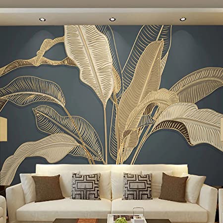 Modern Golden Line Art Picture Wallpaper, Relief Banana Leaf Wall Mural Posters, Assemble Easily Decoration for Churches Classrooms Sofa Background-78.7x55.1 inches (WxH)