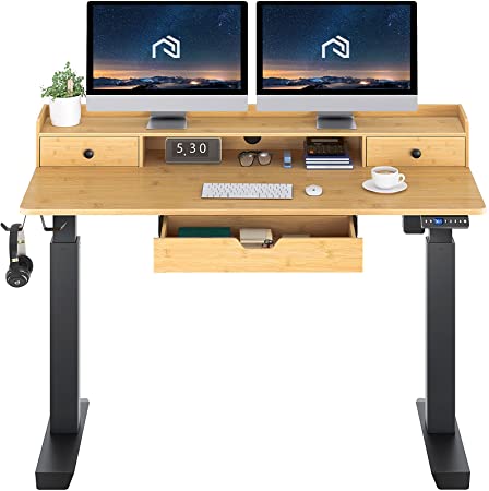 Rolanstar Height Adjustable Desk, 47" Standing Desk with Drawers and Monitor Shelf, Electric Standing Table with Double Headphone Hooks（Bamboo Color）