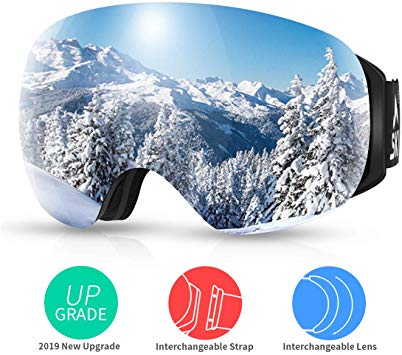 SKL Ski Goggles Over Glasses Snowboard Goggles for Men Women Youth, Frameless UV400 Protection Anti Fog OTG Snow Goggles with Interchangeable Lens and Straps