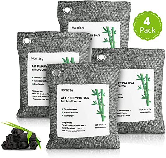 Homasy Bamboo Charcoal Purifying Bag with Activated Charcoal (4 x 200g with 4 Hooks) Removes Odors and Moisture, Natural Odor Absorber for Home, Pets, Car