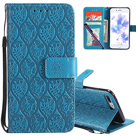 iPhone 6 Plus Leather Case COTDINFORCA Premium PU Flip Book Style Kickstand Embossed Design Magnetic Protective Cover with Card Slots for iPhone 6 Plus/6S Plus [5.5 inch]. Rattan Blue