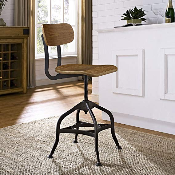 Modway Mark Rustic Modern Farmhouse Steel Metal Wood Adjustable Kitchen and Dining Room Chair in Brown