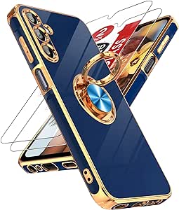 LeYi for Samsung Galaxy A15 5G Case: with Tempered Glass Screen Protector [2 Pack] 360° Rotatable Ring Holder Magnetic Kickstand, Plating Rose Gold Edge Samsung A15 5G Case, Blue