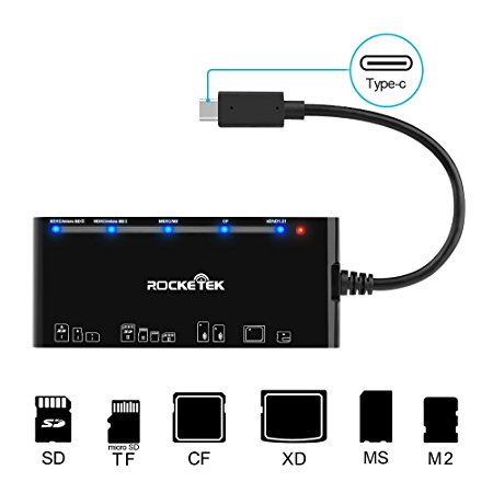 Type C XD Card Reader, Rocketek USB C 3.0 Memory Card Reader/Writer for CF Card, xD Card, SD Card, Micro SD Card, MS Card & MS micro Card | Build in 13cm Cable | Read 5 Different Cards Simultaneously