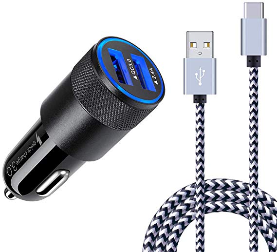 Quick Charge 3.0 Fast Car Charger Compatible Samsung Galaxy S10e S10 S9 S8 Plus, Note 10 9 8, A30 A50, LG G5 G6 V20 V30, Moto G7 Power Play, X4 Z4 Z3 Play, Adapter   6ft USB Type C Charging Cable Cord