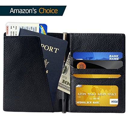 SHANSHUI Primely Genuine Leather Travel Wallet & Passport Holder RFID Protection Credit Card pockets,Clear ID Card,Business Cards,Coupons,Pen,Boarding Passes & Notes(Black)