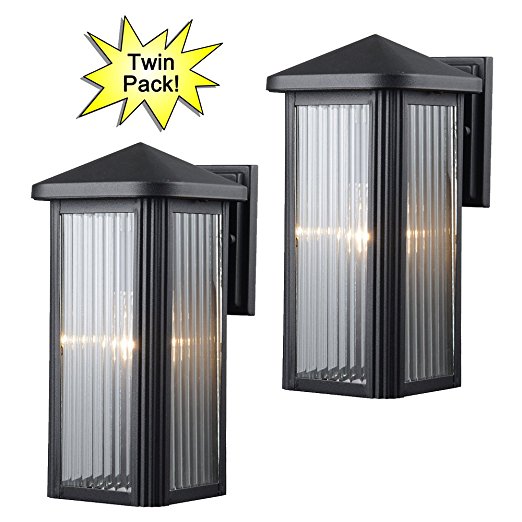 Hardware House 23-0667 Black Outdoor Patio / Porch Wall Mount Exterior Lighting Lantern Fixtures with Clear Strip Glass - Twin Pack