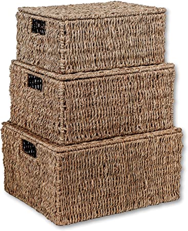 Set of 3 Rectangular Seagrass Baskets with Lids by Trademark Innovations