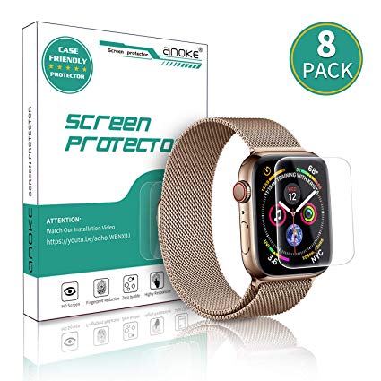 [8 Pack]AnoKe for Apple Watch 40mm Series 4 Screen Protector, Apple Watch 38mm(Series 3 / 2 / 1)Screen Protector, Liquid Skin[Max Coverage]Curved Edge Case Band friendly Lifetime Replacement Warranty