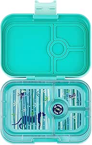 Yumbox Leakproof Bento Box Panino: 4-Compartment Kids & Adults Bento; Perfect for Sandwich Packed Lunch; Compact 8.5x6x1.8; Healthy Portions (Tropical Aqua with Jungle Tray)