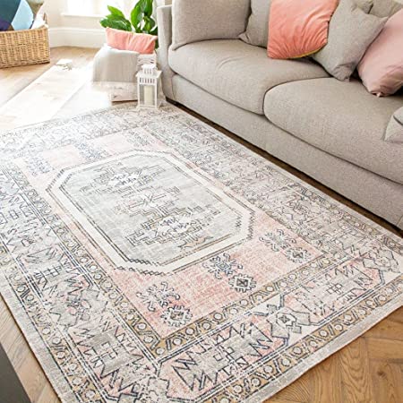 Vintage Classic Traditional Medallion Pink Rug Blue Grey Distressed Woven Zero Pile Boho Living Room Bedroom Hallway Area Carpet Rugs 190cm x 280cm