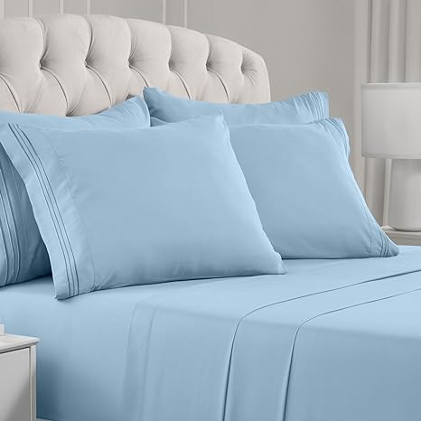Mellanni Split King Sheet Set for Adjustable Bed - 7 Piece Iconic Collection Bedding Sheets & Pillowcases - Luxury, Ultra Soft, Cooling Bed Sheets - 7 PC (Split King, Light Blue w/Extra Pillow Cases)