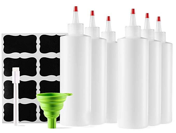 Bellemain 6-Pack 16-Oz Condiment Squeeze Bottles, Includes Funnel, Erasable Marker and Reusable Labels - for Sauces, Salad Dressings, Arts and Crafts - BPA Free