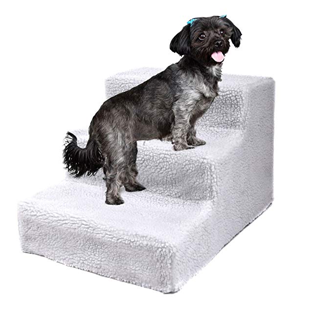 JAXPETY Animals Favorite Pet Stairs, 3 Steps Ramp Ladder for Dogs, Portable, Ladder with Cover Indoor (White)