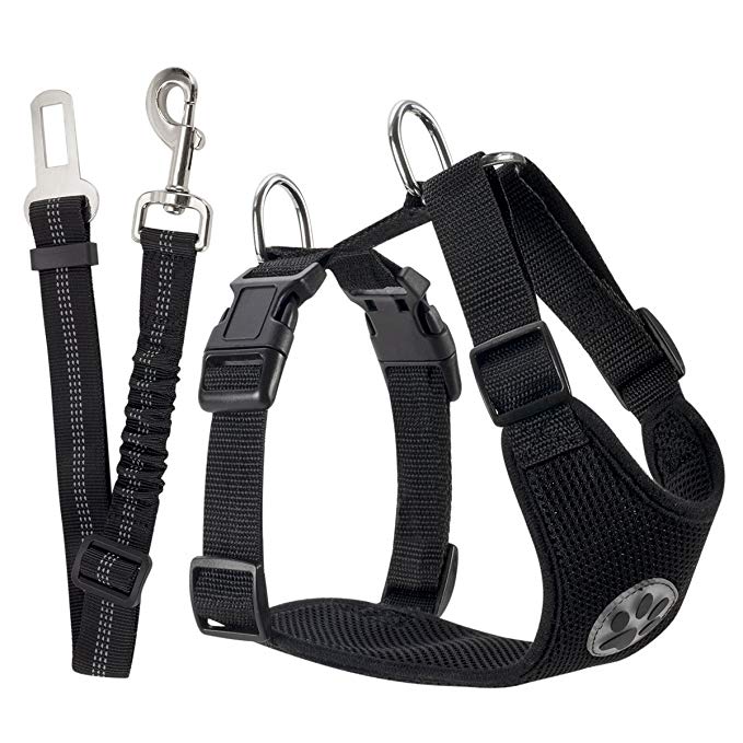 Slowton Dog Car Harness Plus Connector Strap, Multifunction Adjustable Vest Harness Double Breathable Mesh Fabric with Car Vehicle Safety Seat Belt