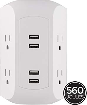 GE 4 Outlet, 4 USB Surge Protector Wall Outlet Power Adapter, for iPhone 11/Pro/Max/XS/XR/X/8, iPad Pro/Air/Mini, Samsung Galaxy, Google Pixel, White, 43651