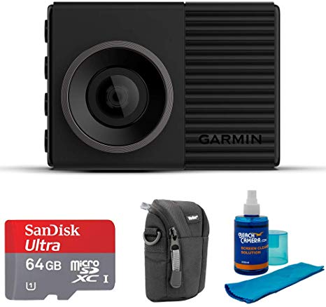 Garmin Dash Cam 46 1080p with 140-Degree Field of View (010-02231-00) with Universal Screen Cleaner for LED TVs, Point and Shoot Case & Sandisk Ultra microSDXC 64GB UHS Class 10 Memory Card