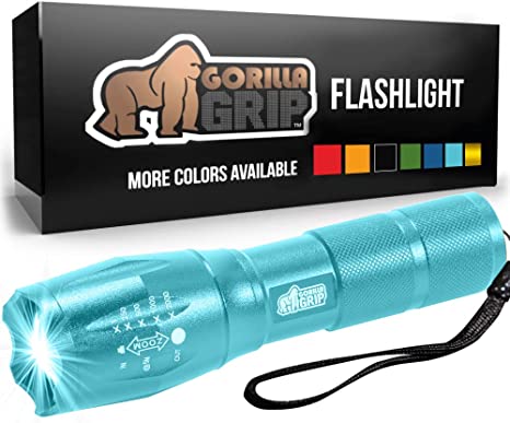 Gorilla Grip LED Tactical Handheld Flashlight, High Lumens, Ultra Bright 5 Mode, Long Lasting Water Resistant, 750 FT Zoom Flashlights, Camping Accessory, Outdoor Camp Gear Emergency Outages Turquoise