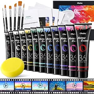 Ohuhu Acrylic Paint Kits with Tutorial for Beginners- 36ml 12 Vibrant Colors with 6 Brushes 3 Paint Canvases Sponge for Kids Painting, Art Supplies for Ceramic, Wood, Fabric, Model, Rock, Metal