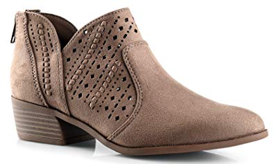 LUSTHAVE Perforated Laser Cut Out Stacked Chunky Low Heel Ankle Bootie - Side V-Cut Back Zipper Boots