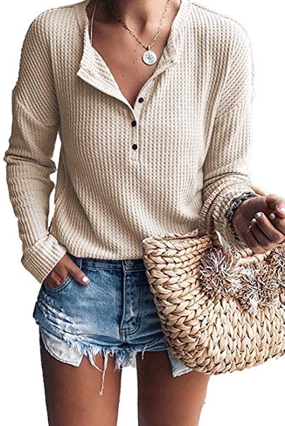 Women's Waffle Knit Tunic Tops Loose Long Sleeve Button Up V Neck Henley Shirts