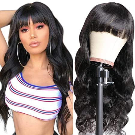Hermosa 9A Brazilian Body Wave Human Hair Wigs with Bangs for Black Women 150% Density Half Machine Lace Front Wigs Human Hair Natural Black Color 16 inch
