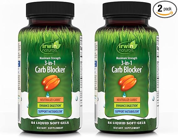 Irwin Naturals Maximum Strength 3-in-1 Carb Blocker - 84 Liquid Soft-Gels, Pack of 2 - Neutralize Carbohydrates - 84 Total Servings