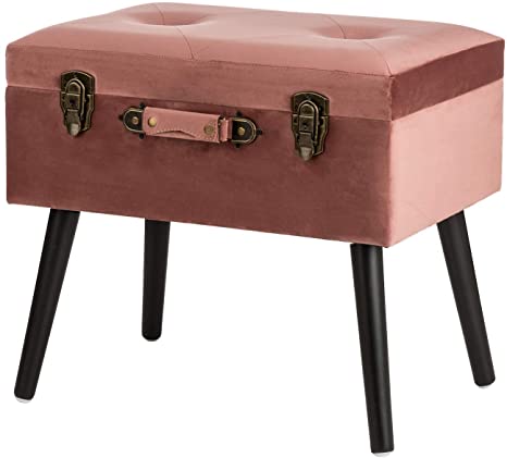 Glitzhome Velvet Foot Stool Seat Storage Footrest Stool Modern Dressing Upholstered Vanity Stool Padded Ottoman with Tufted Seat Wood Legs Decorative Accent Furniture Shoes Bench, Dark Pink