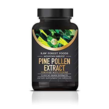 RAW Forrest Foods Mountain Harvest Pine Pollen Capsules | Clinical Strength Potent 10:1 Pine Pollen Extract Fortified with Piperine Extract for Maximum Absorption | 120 Capsules