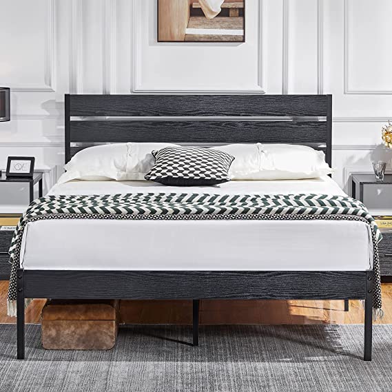 VECELO Platform Queen Bed Frame with Vintage Wood Headboard and Footboard, Mattress Foundation, Strong Metal Slats Support, No Box Spring Needed