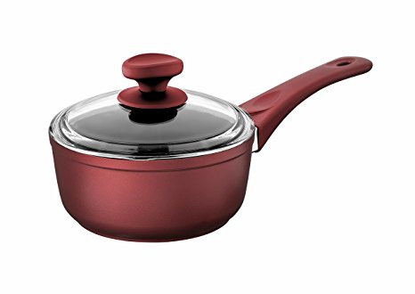 Saflon Titanium Nonstick 1.5-Quart Sauce Pan with Tempered Glass Lid, 4mm Forged Aluminum with PFOA Free Coating from England (Red)