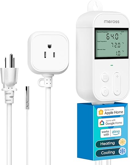 Meross Smart Temperature Controller Thermostat Monitor Control Heating Cooling 120V 15A 1800W, Works with Apple Home, Alexa, Google Home for Home Brewing Fermentation Incubation Reptiles Green House.