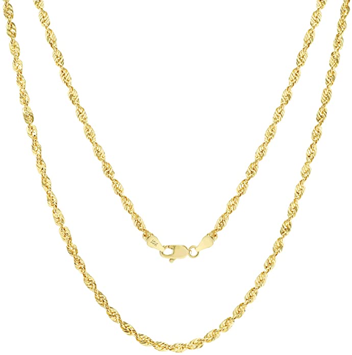 Nuragold 10k Yellow Gold 3mm Diamond Cut Rope Chain Pendant Necklace, Mens Womens Lobster Lock 16" 18" 20" 22" 24" 26" 28" 30"