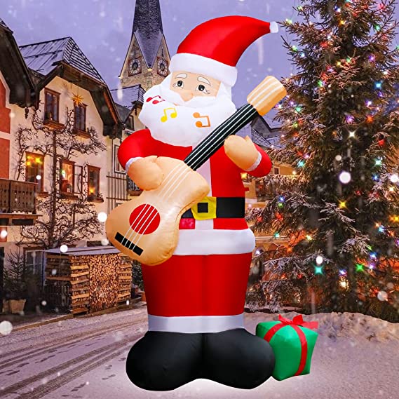 yofit Christmas Inflatable 7 FT Santa Claus with Guitar, Outdoor Blow up Decorations Santa with Gift Boxes, Perfect for Yard Garden Lawn Holiday Party Decor