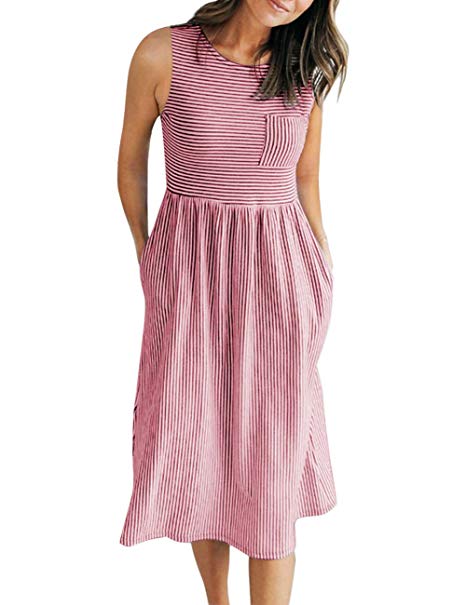 MEROKEETY Women's 3/4 Balloon Sleeve Striped High Waist T Shirt Midi Dress with Pockets