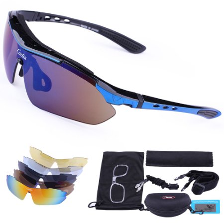 Carfia Sports Sunglasses UV400 Protection Polarized Cycling Sunglasses for Running Cycling Fishing Golf Tr90 Unbreakable Frame with 5 Set Interchangeable Lenses for Mens Womens