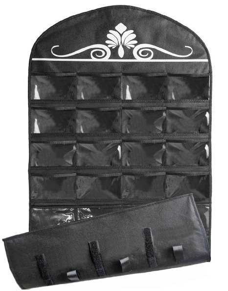 Misslo Jewelry Hanging Non-Woven Organizer Holder 32 Pockets 18 Hook and Loops - Black